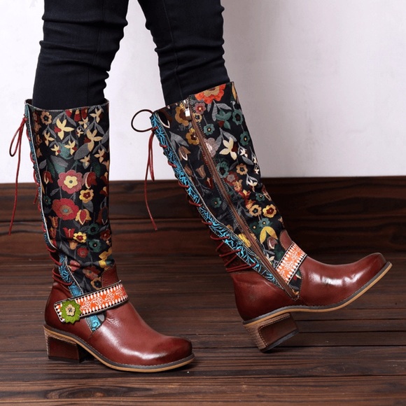 SOFFIA | FLORAL TIE-ACCENT KNEE-HIGH LEATHER BOOTS - Picture 3 of 12